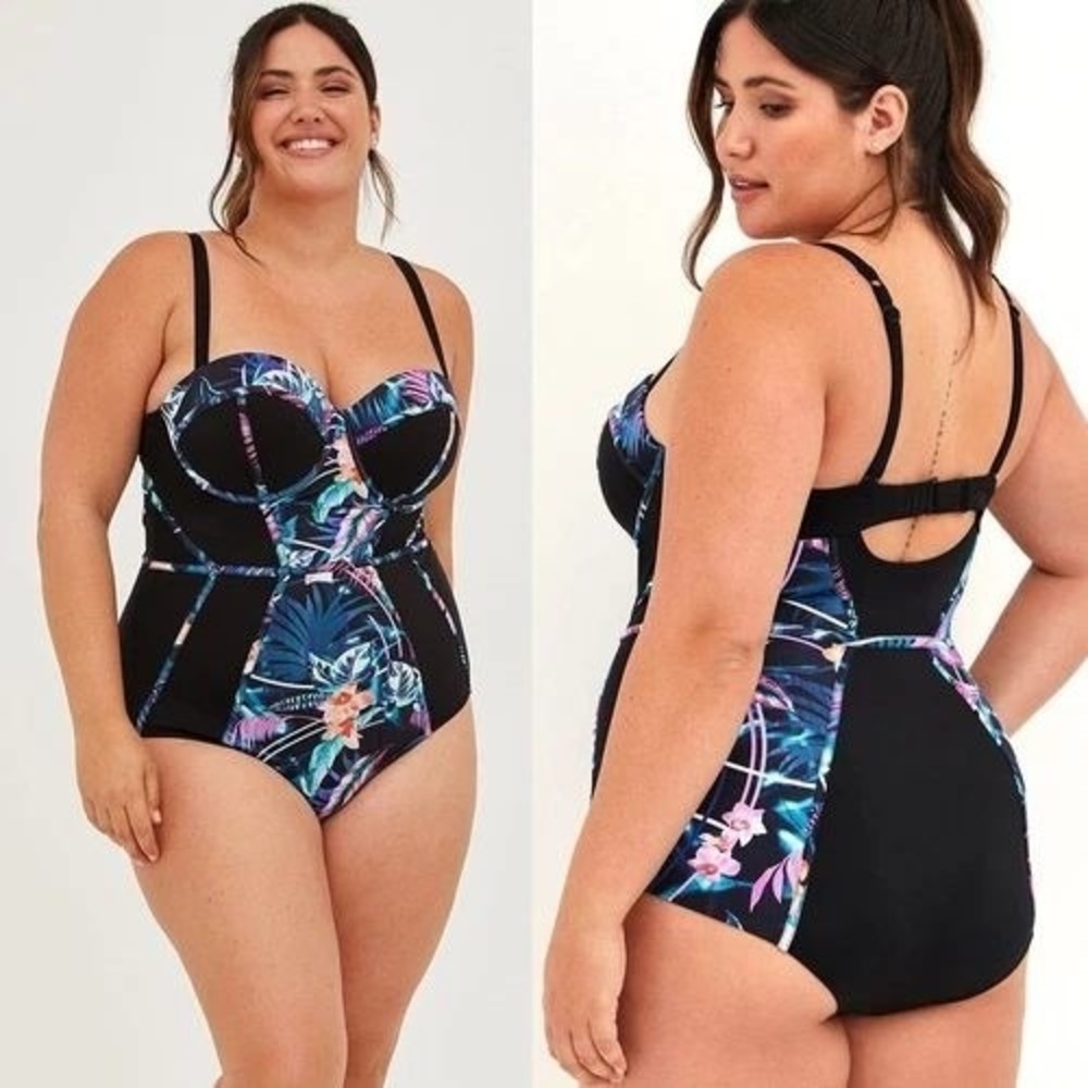 Torrid One Piece Swimsuit Women 5 D/DD Black Tropical‎ Floral Underwire Bustier